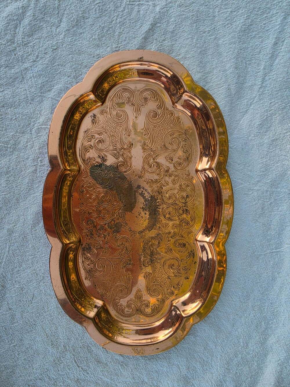 Coppercraft Guild Ornate Etched Copper Serving Tray Scalloped Oval